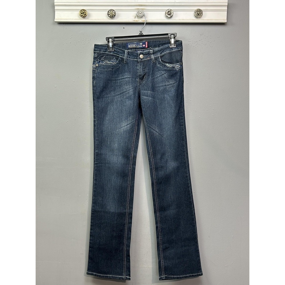 Richcow Jeans Juniors 5 Blue Medium Wash Low Rise Straight Embroidered‎ Stretch
